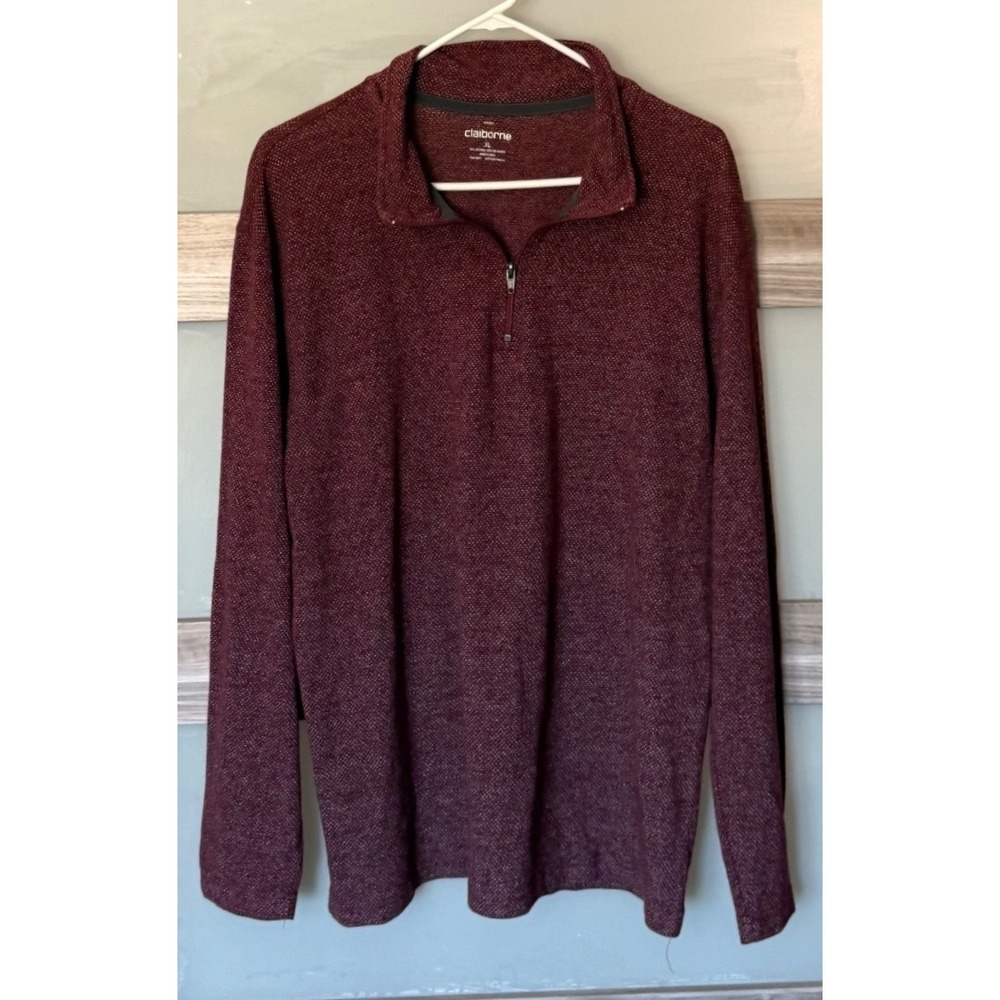Claiborne Mens Burgundy Quarter Zip Pullover Sweater Textured Marl Mock Neck XL